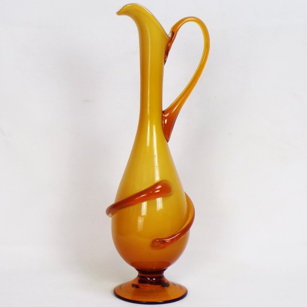 EMPOLI cased-glass footed ewer yellow over white with applied amber foot & trim